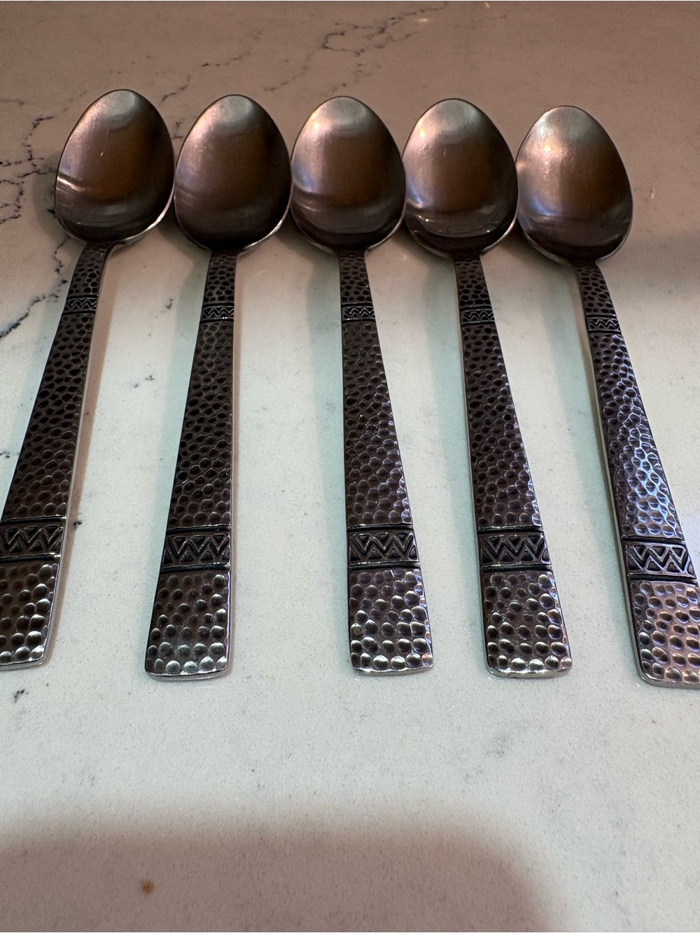 Churchill Silver Co Stainless Flatware 5 Spoons Hammered Geometric Chevron Vtg.